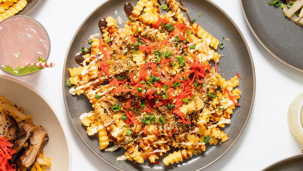 Okonomiyaki Fries · Yaki glaze, kewpie mayo, bonito, scallions, furikake and pickled ginger.