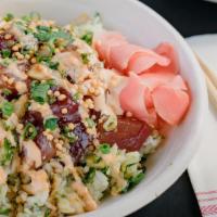 Deluxe Poke Bowl · TWO CHOICES OF POKE AND ONE SIDE WITH UNLIMITED TOPPINGS!
