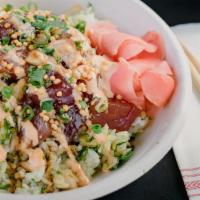 Regular Poke Bowl · ONE CHOICE OF POKE AND ONE SIDE WITH UNLIMITED TOPPINGS.