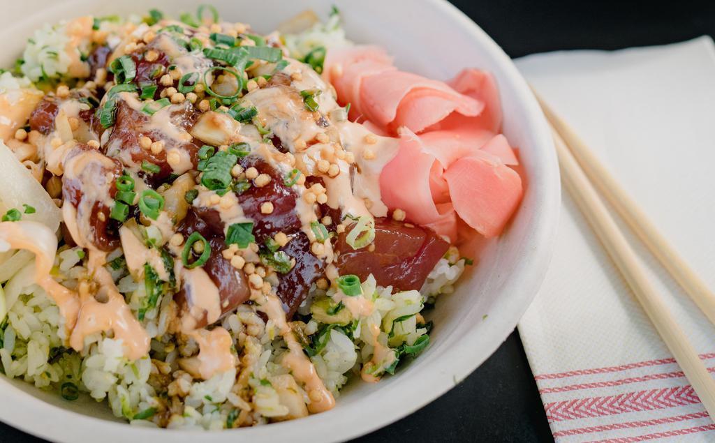 Regular Poke Bowl · ONE CHOICE OF POKE AND ONE SIDE WITH UNLIMITED TOPPINGS.