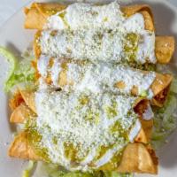 Flautas (5Pcs) · rolled deep fried tortillas stuffed with your choice of either cheese or chicken topped with...