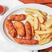 Chicken Fingers · All white meat chicken fingers served with fries and dipping sauce.