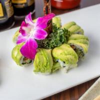 Dragon Roll · Eel and cucumber wrapped with layer of avocado.