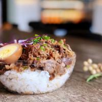 Gyudon · Japanese beef and rice, scallion, onions, sesame, purple cabbage, tea-egg, Japanese style sw...