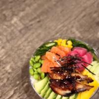 Tri Color Poke Ball · Pepper tuna, salmon, eel, seaweed salad, edamame, mango, cucumber, furikake, green onion, av...