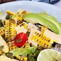 Grilled Corn & Romaine Salad · Gluten free. Vegetarian. Nuts. Romaine, grilled corn, pumpkin seeds, roasted bell peppers, s...