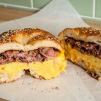 Pastrami, Egg & Cheese · Pastrami, organic egg and cheese on a bagel.