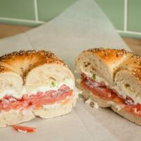 The Bedford Avenue · Smoked salmon, whitefish salad, scallion cream cheese, tomato and red onion on a bagel.