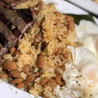 Calentado Con Huevos Y Carne Asada · Rice and beans mixed with eggs and grilled steak.