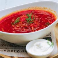 Ukrainian Borscht · Severed Hot. Traditional Russian Style Beet Soup.