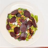 Beet Salad · Beets, mixed greens, goat cheese, caramelized walnuts, balsamic vinaigrette.
