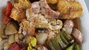 Country Pork Chop · sweet italian sausage, mixed bell eppers, onions, mushrooms, pepperoncini, crispy garlic pot...