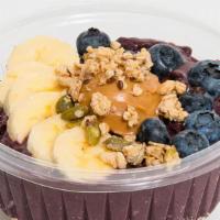 Pb Power Bowl · Organic Acai,banana,almond milk
Topped with Granola, Blueberry, banana, and peanut butter,