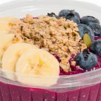 The Pink Bowl (Pitaya) · Organic  Dragon Fruit (pitaya),apple juice,banana
Topped with granola, Blueberry, banana