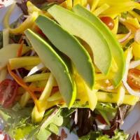 Mango Salad · sliced mango,avocado,red onion,scallion,cilantro,sherry tomato ,carrot,organic spring mix in...