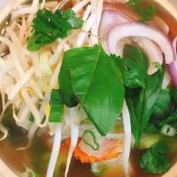 Pho Veg & Tofu · Vegetable and Tofu with rice noodle, onion, cilantro, bean sprout and jalapeno in vegetable ...