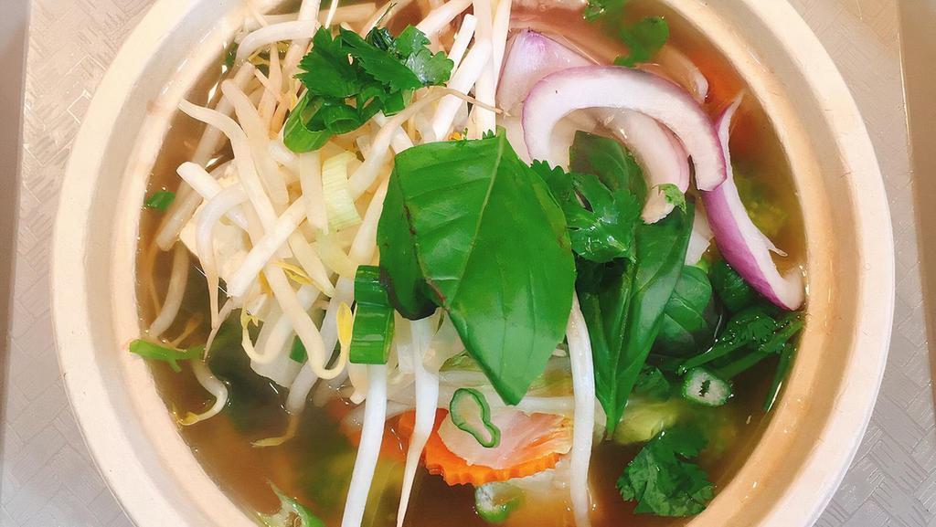 Pho Veg & Tofu · Vegetable and Tofu with rice noodle, onion, cilantro, bean sprout and jalapeno in vegetable broth.