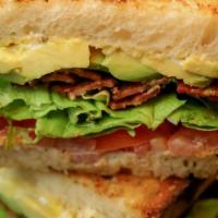 L.A.T. · crispy bacon, Bibb lettuce, avocado, tomato, with a herb mayo served on sourdough.