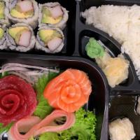Dinner Sashimi Bento Box · Ten pieces of sashimi and one California roll. Served with miso soup or salad, dumpling and ...