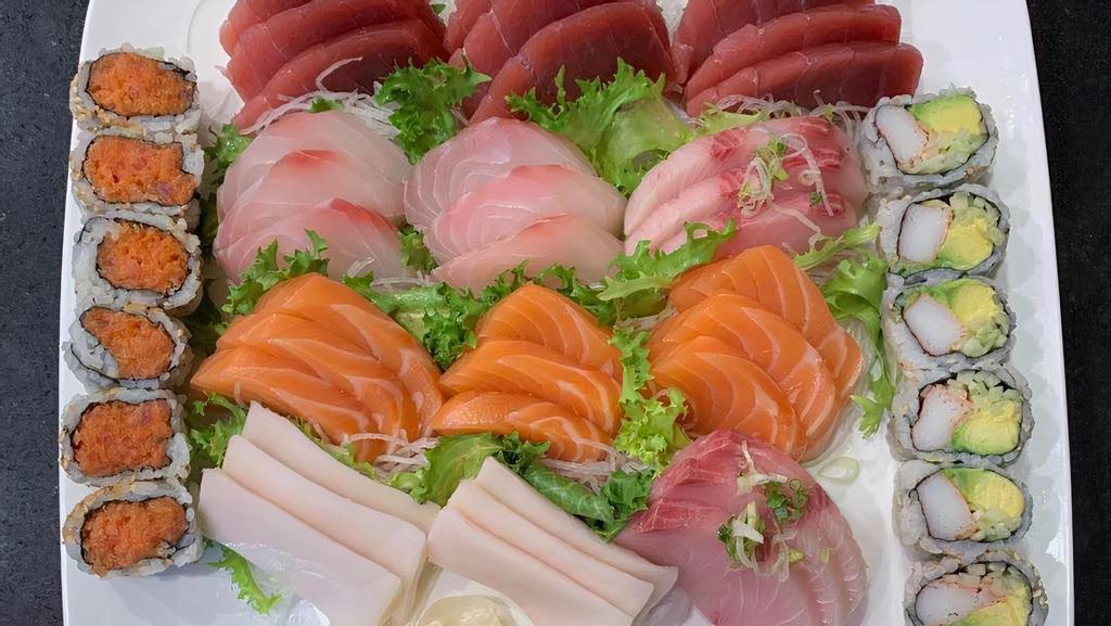 Sashimi Special For 2 Entree · Assorted 36 pieces of sashimi, California roll and spicy tuna roll. Served with miso soup or salad.