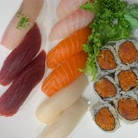 Sushi Deluxe Entree · Assorted nine pieces of sushi and tuna roll. Served with miso soup or salad.
