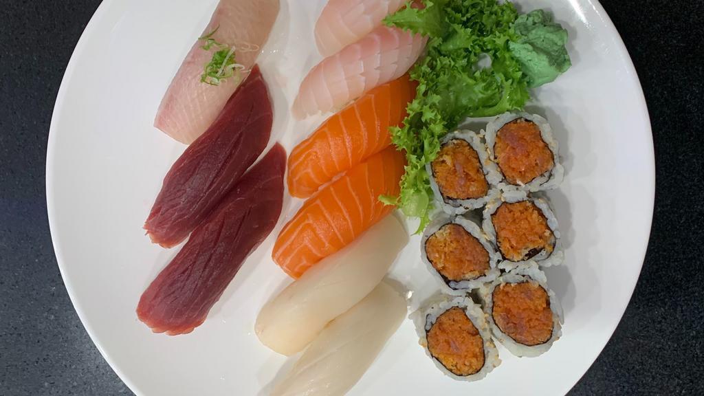 Sushi Deluxe Entree · Assorted nine pieces of sushi and tuna roll. Served with miso soup or salad.