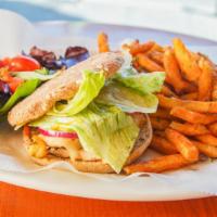 Grilled Chicken Burger · Savory grilled chicken blanketed with lettuce, tomatoes, red onions and pepper jack or Ameri...