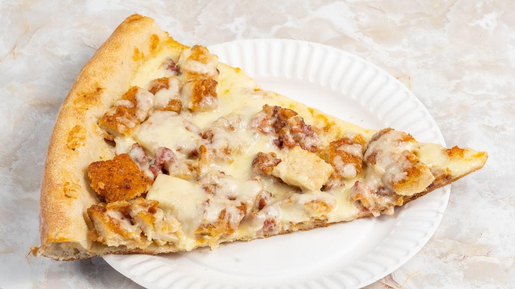 Chicken Bacon Ranch Pizza · Mozzarella cheese, bacon, chicken, and yummy ranch dressing.
