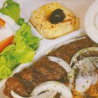 Beef Lule Kebab Plate · 2 Skewers with Salad,Rice,Hummus and 1 Pita Bread.