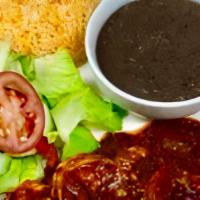 Shrimp In Chipotle Sauce / Camarones Enchipotlados · Served with rice, beans, and three tortillas. / Acompañado con arroz, frijoles y tres tortil...