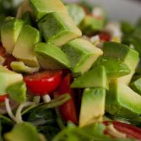 Avocado Salad · Avocado, mesclun greens, oranges, red onions cherry tomatoes and lemon vinaigrette.