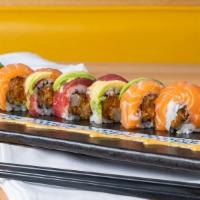 Fantastic Roll · Spicy scallop inside, topped with tuna and avocado. Raw.