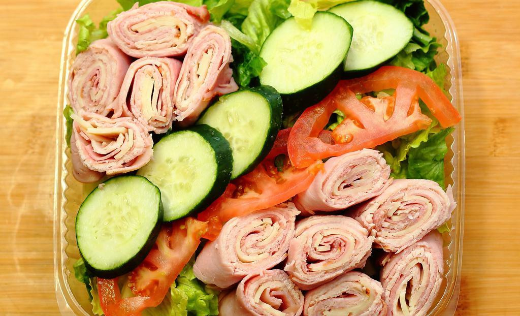 Liberty'S Chef Salad · Romaine lettuce, turkey, ham, Salami, provolone, cucumber, tomatoes, balsamic vinaigrette.