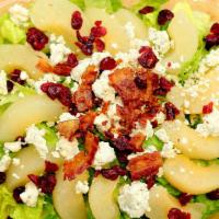 Pear & Gorgonzola Salad · Caramelized bears, gorgonzola cheese, smoked bacon, dried cranberries over romaine lettuce a...