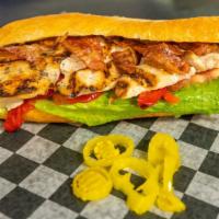 Chicken Club · Grilled chicken, bacon, lettuce, fresh tomatoes, roasted pepper and mayonnaise.