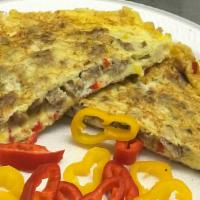 Liberty Omelets · Sausage, red onion, green & red pepper and cheddar cheese