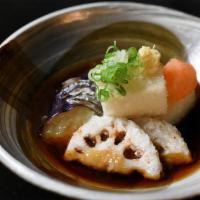 Agedashi · Fried eggplant, lotus roots, tofu in dashi broth