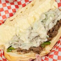 Philly Steak · Cheese steak, green peppers, sautÃ©ed onions and melted cheese.