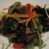 House Salad · Mixed greens, grape, tomatoes, cucumber, shredded carrots, roasted red peppers, balsamic vin...