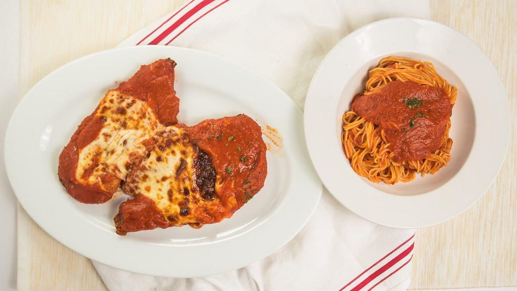 Parmigiana · Breaded cutlets, baked in tomato sauce with Mozzarella cheese.