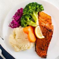 Grilled Salmon · Mashed potatoes and broccoli.