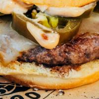 Atomic Burger · 1/4 POUND USDA Prime Signature Blend, Pepper Jack Cheese, Chipotle Aioli, Pickled Jalapeños ...