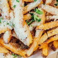 Truffle Fries · Burgerology’s Hand Cut Fries tossed in Truffle Oil and topped with Parmesan Cheese.