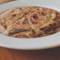 Pajeon (Pah-Junn) · scallion pancake with red bell pepper + mushrooms
