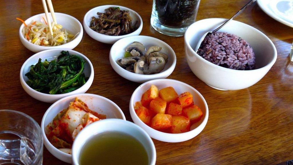 Rice + Banchan · Assortment of 6 traditional Korean side dishes made in house, served with crispy seaweed  and your choice of white rice or mixed grain rice