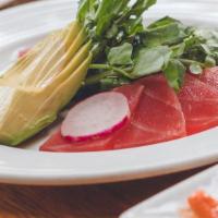 Tuna Sashimi + Avocado · Thinly sliced yellow fin tuna, avocado, watercress, sesame-soy dressing