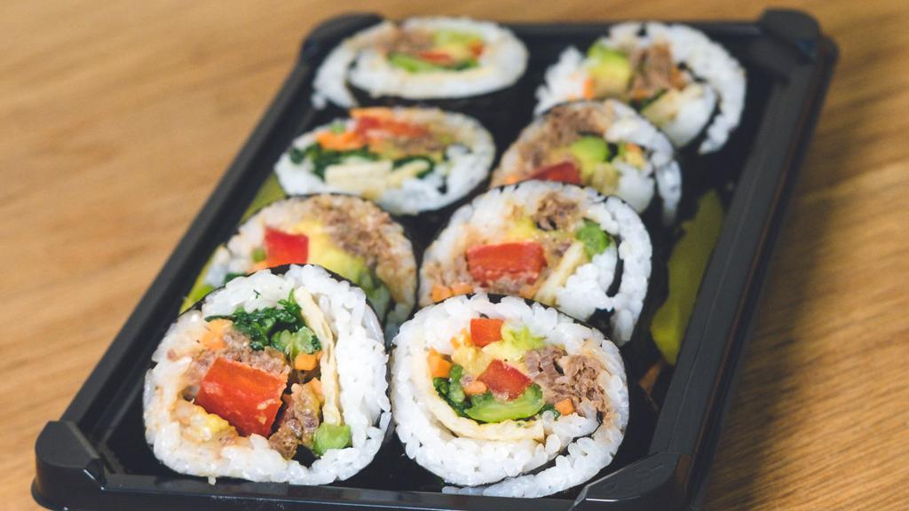 Kimbap · Korean-style makizushi made up of namul and pickled veggies. Bulgogi or Squid Jerky can be added.