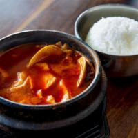 Soondubu (Soon-Doo-Boo) · Medium spicy and vegan. Spicy and savory  stew with silken tofu. Your choice of seafood (shr...