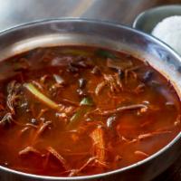 Yookgaejang (Yook-Kay-Jong) · More spicy. Traditional shredded beef brisket soup with scallions, Korean fernbrake, celloph...