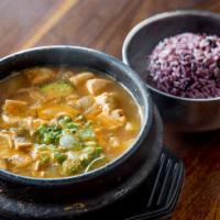 Denjang Chigae (Den-Jahng-Chee-Gay) · Spicy and pungent bean-paste stew with tofu, Korean pepper, zucchini, mushroom, onion, potat...